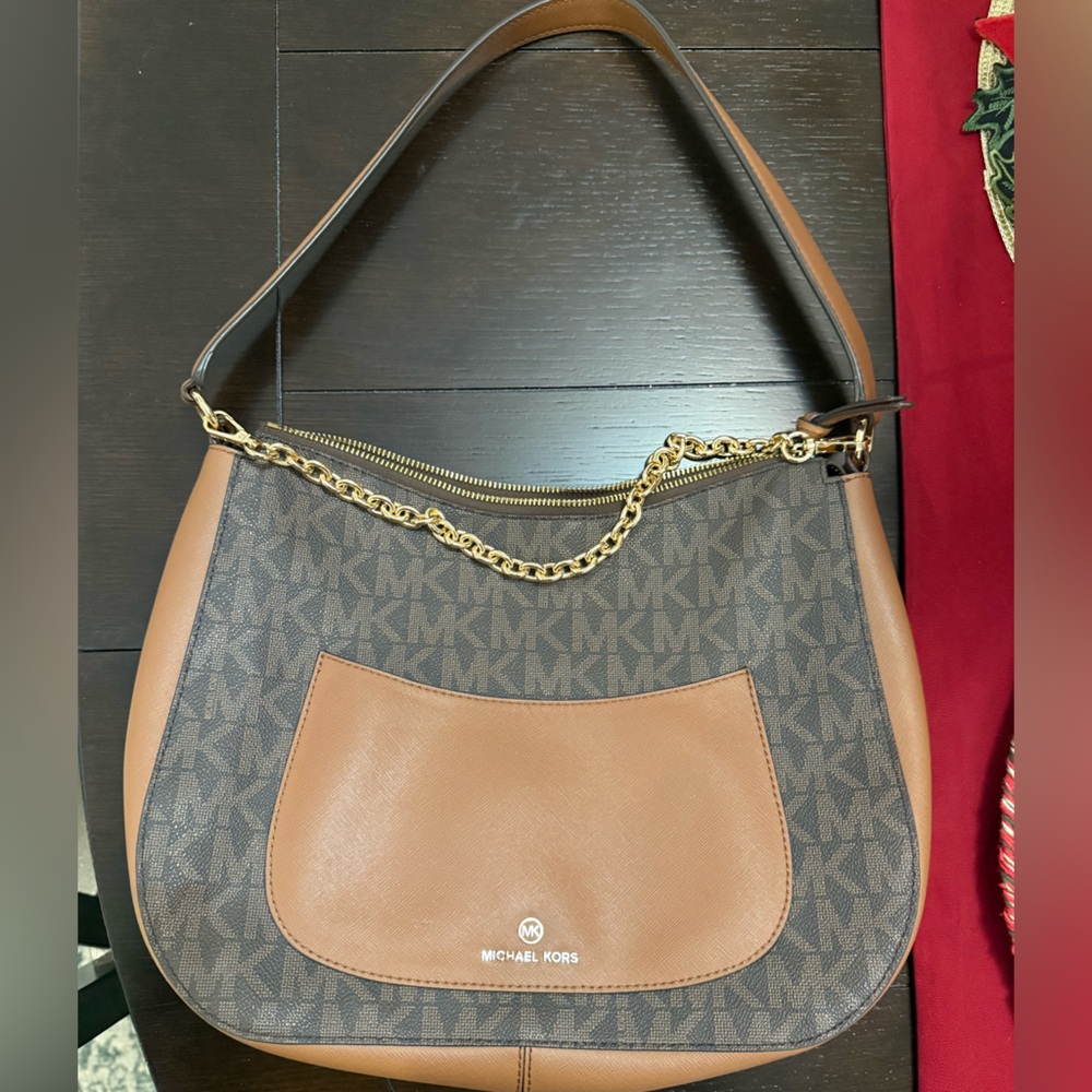Michael Kors Tan and Brown Shoulder Bag with Gold Chain